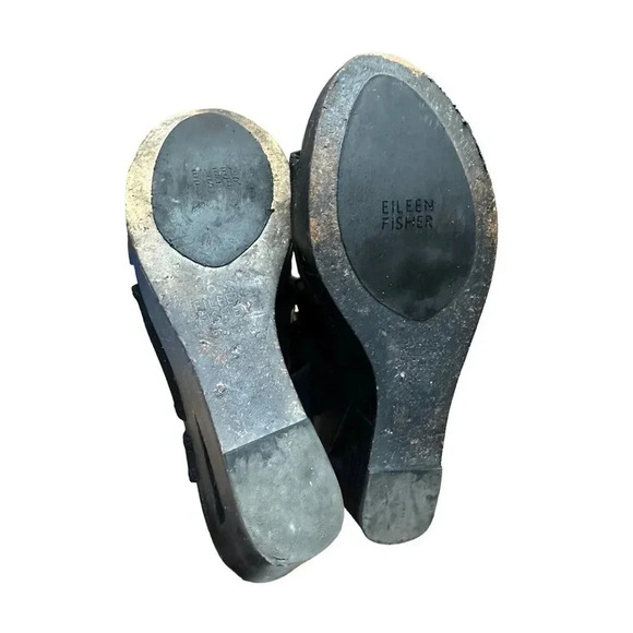 Eileen Fisher Rally 2 Stretch Black Leather Cut Out Wedge Sandal Size US 10 - Picture 6 of 6